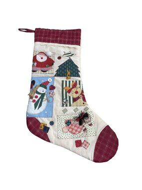 Vtg Patchwork Christmas Stocking Santa Snowman Tree Appliqués Primitive Country